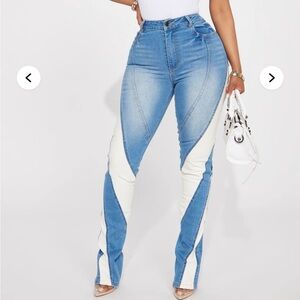 Fashion Nova Blue and Cream split hem jeans